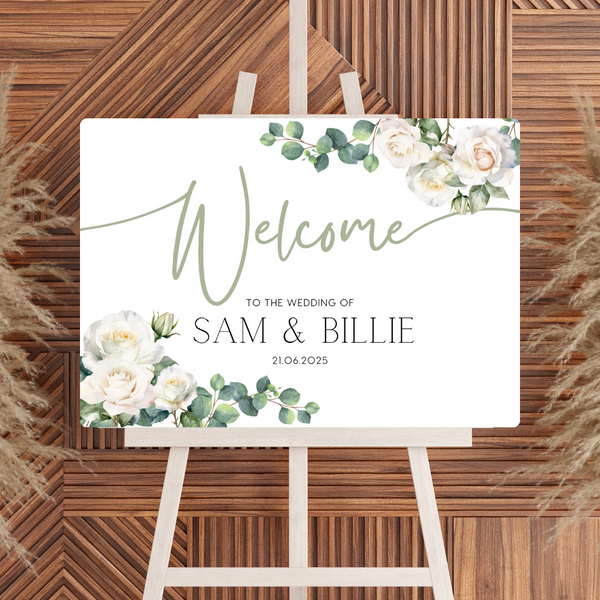 White Roses Floral Welcome Sign