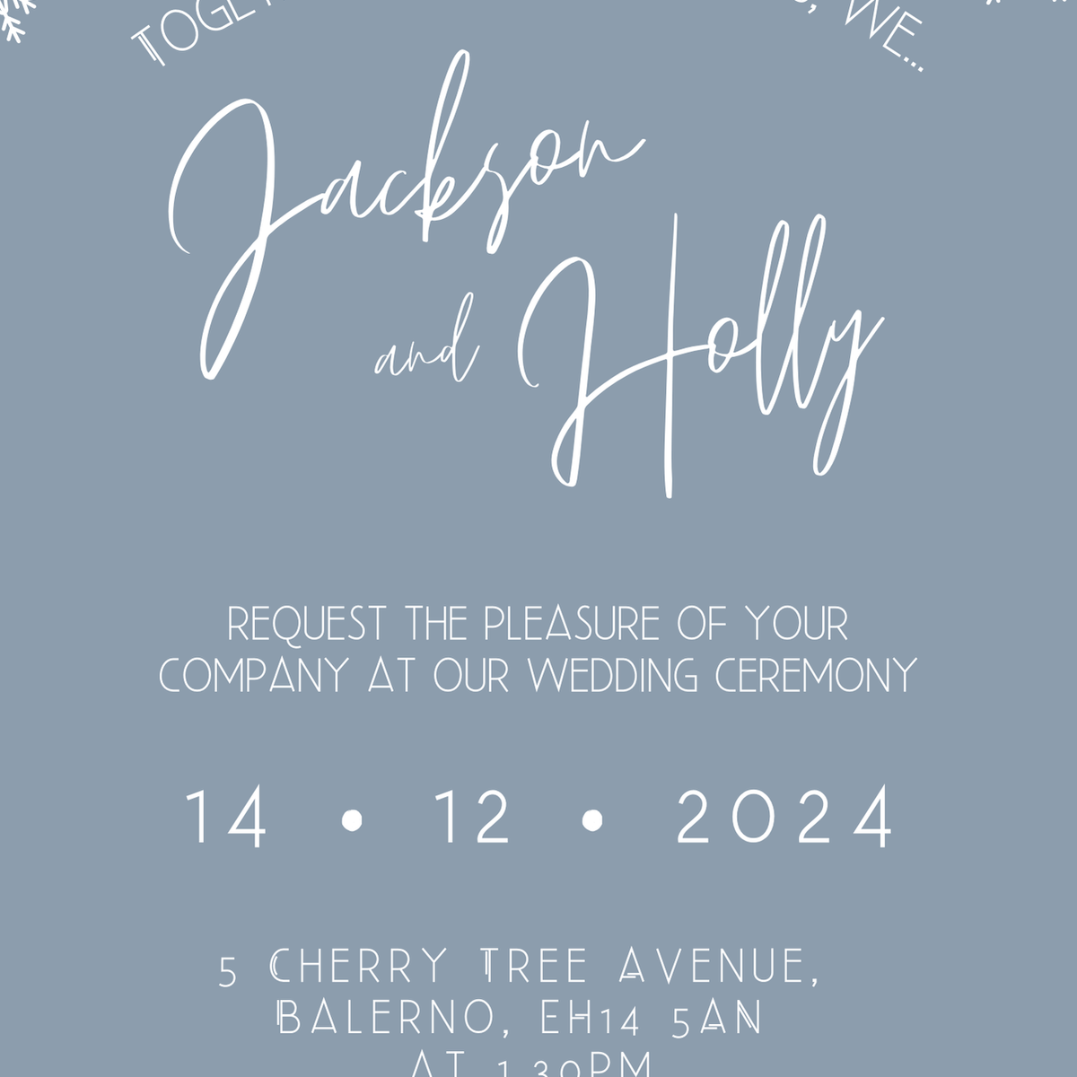 dusty blue snowflakes wedding invites - custom wedding invites uk - personalised wedding invitations for winter wedding