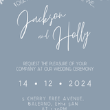 dusty blue snowflakes wedding invites - custom wedding invites uk - personalised wedding invitations for winter wedding