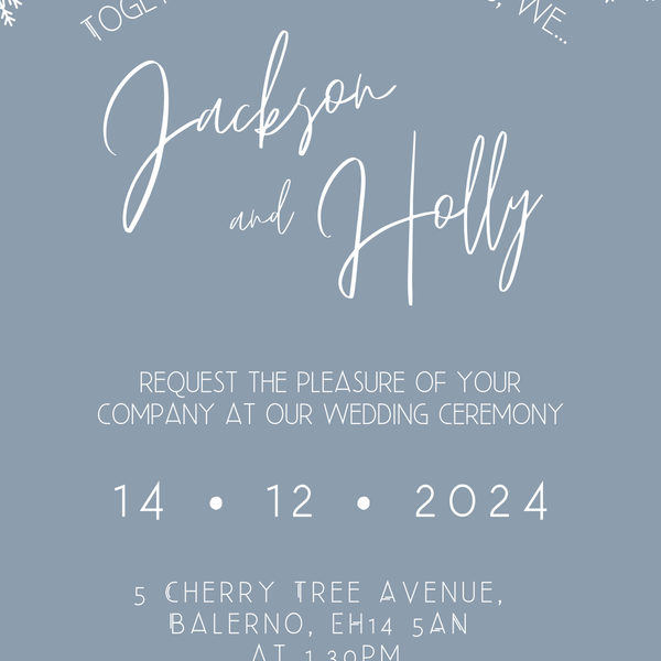 dusty blue snowflakes wedding invites - custom wedding invites uk - personalised wedding invitations for winter wedding