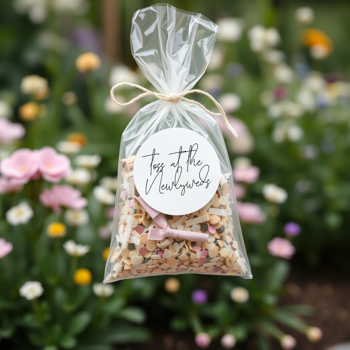 Round wedding confetti bag stickers with ‘Toss for the Newlyweds’ text – minimalist wedding favor labels for confetti packets