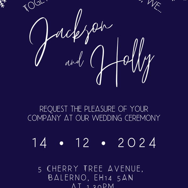navy blue snowflakes wedding invites - custom wedding invites uk - personalised wedding invitations for winter wedding