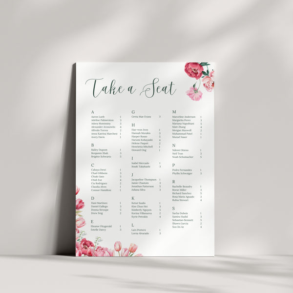 Spring Floral Alphabetical Seating Plan Sign - Pink Floral Wedding Signage - Pink Tulips Carnations Wedding Signs