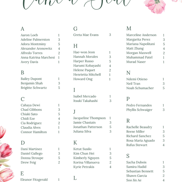Spring Floral Alphabetical Seating Plan Sign - Pink Floral Wedding Signage - Pink Tulips Carnations Wedding Signs