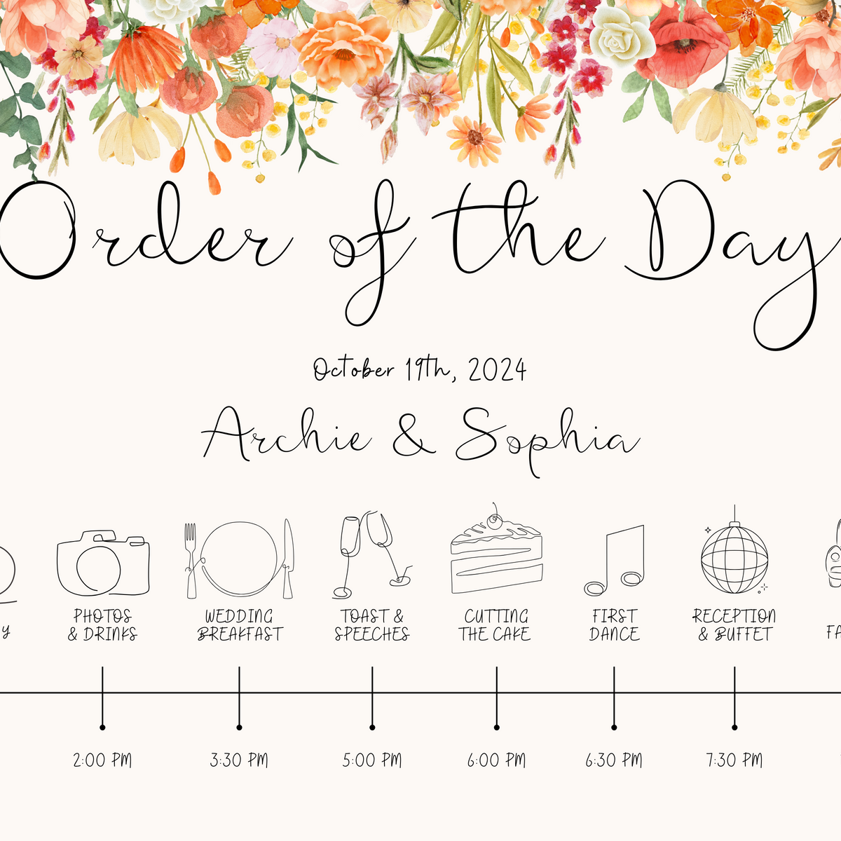 autumn wedding order of the day sign - custom order of the day sign autumnal - personalised wedding signage