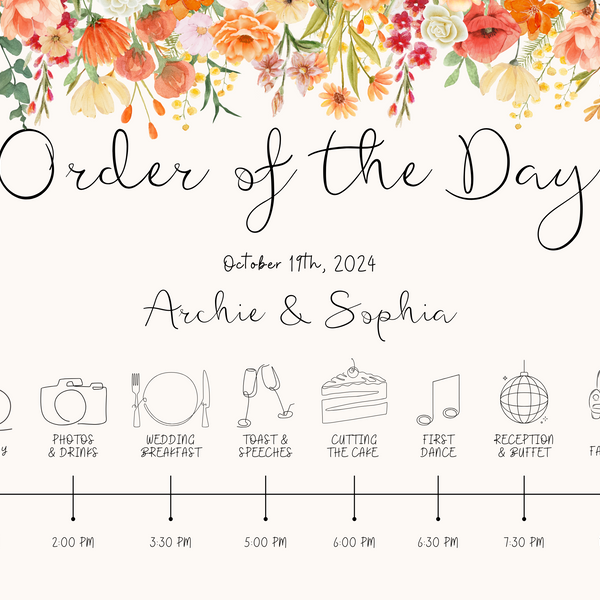autumn wedding order of the day sign - custom order of the day sign autumnal - personalised wedding signage