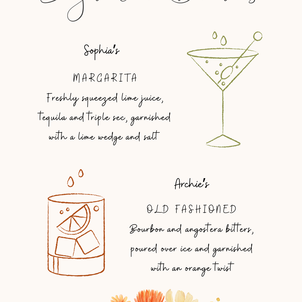 autumnal his and hers signature drinks - autumn wedding signature cocktails - personalised wedding signage