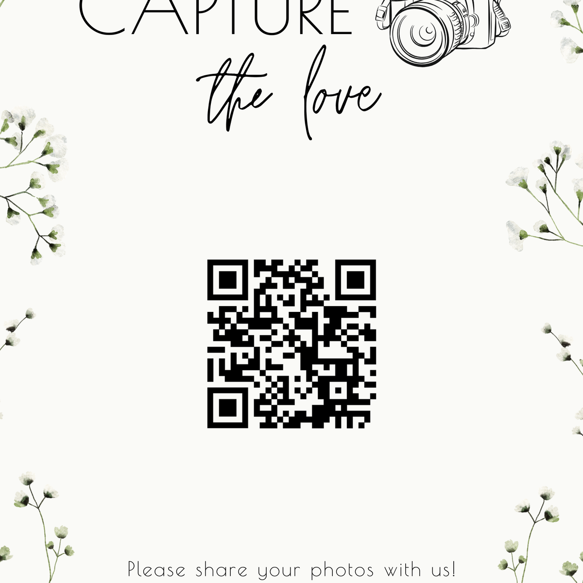 baby's breath photo sharing qr code sign for wedding tables - luxury wedding table signage for guests to share photos
