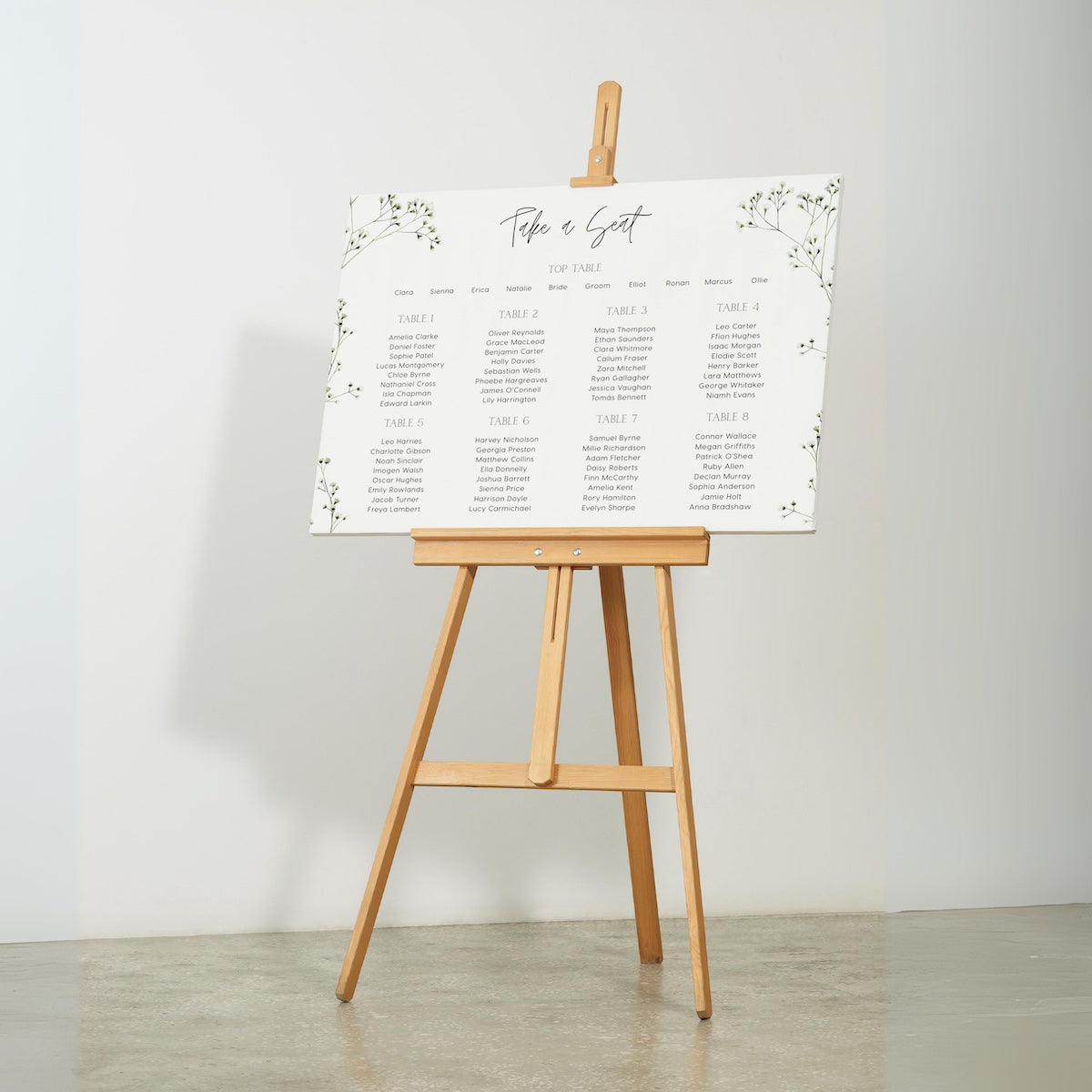 Baby's breath floral wedding seating plan sign - personalised wedding signs