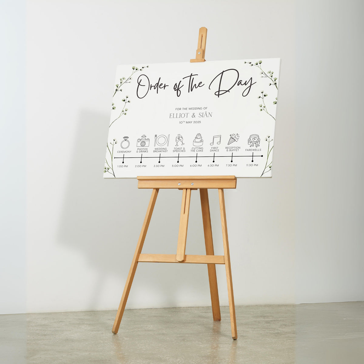 Baby's Breath floral wedding order of the day board - a sophisticated sign with elegant black text on an off-white background, featuring delicate baby's breath graphics.