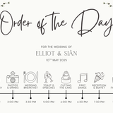 Baby's Breath floral wedding order of the day board - a sophisticated sign with elegant black text on an off-white background, featuring delicate baby's breath graphics.