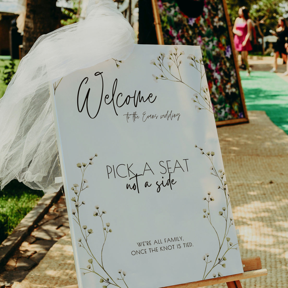 gypsophila floral wedding ceremony pick a seat, not a side sign - personalised wedding welcome board with baby's breath flowers