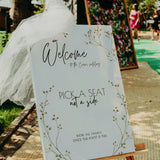 gypsophila floral wedding ceremony pick a seat, not a side sign - personalised wedding welcome board with baby's breath flowers
