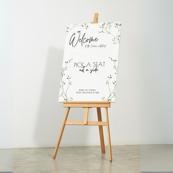 gypsophila floral wedding ceremony pick a seat, not a side sign - personalised wedding welcome board with baby's breath flowers