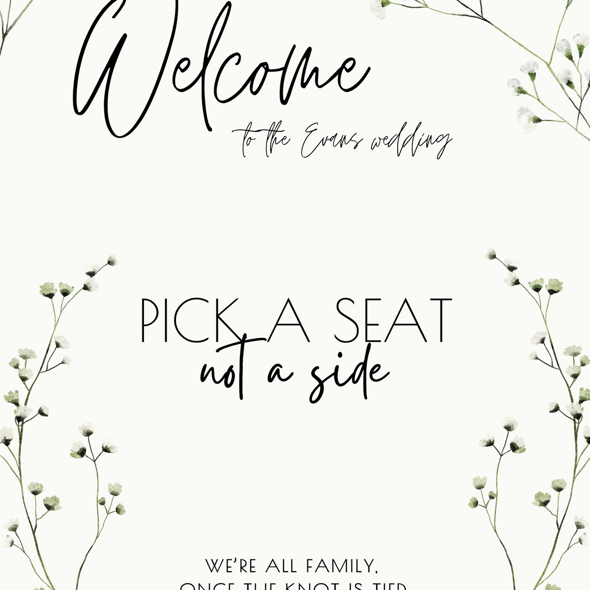 gypsophila floral wedding ceremony pick a seat, not a side sign - personalised wedding welcome board with baby's breath flowers