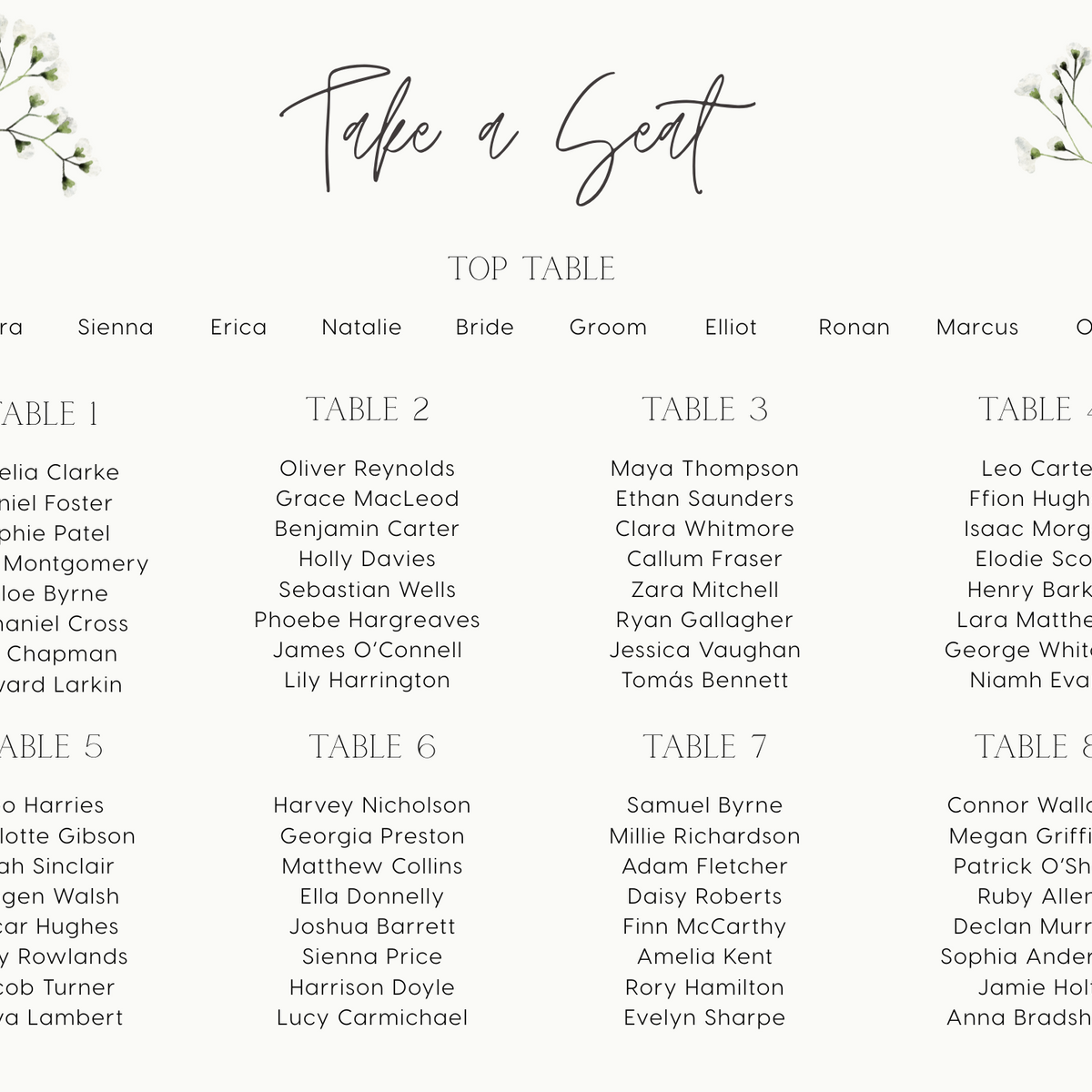 Baby's breath floral wedding seating plan sign - personalised wedding signs