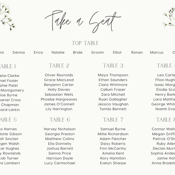 Baby's breath floral wedding seating plan sign - personalised wedding signs