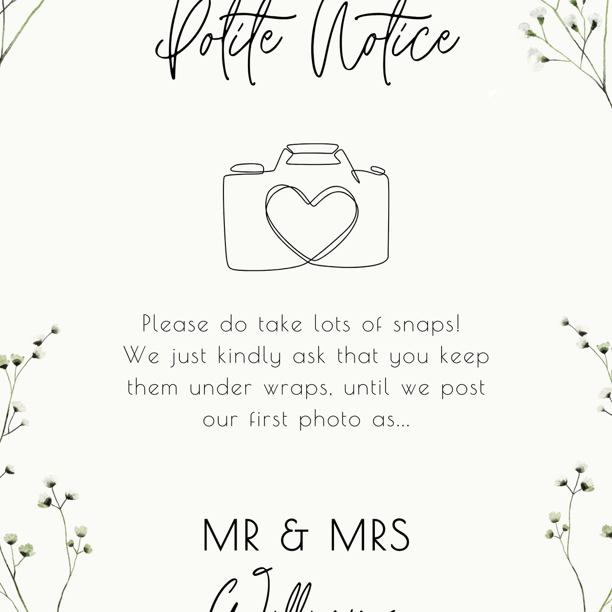 baby's breath floral polite notice wedding sign - Polite notice card for wedding display - luxury wedding signage