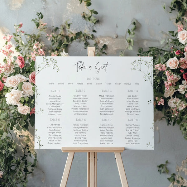 Baby's breath floral wedding seating plan sign - personalised wedding signs
