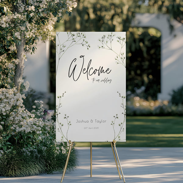 baby's breath floral wedding welcome sign, featuring a natural off-white background, and delicate gypsophila florals, for that dainty elegant aesthetic.