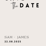 Modern wedding save the date, with bold lettering and personalised details. Luxurious and timeless save the date wedding invitations