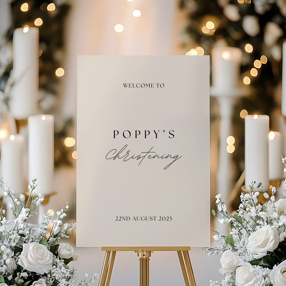 Personalised Christening Welcome Sign – A beautifully designed welcome sign featuring the baby’s name and event details, displayed on an easel at a christening venue.