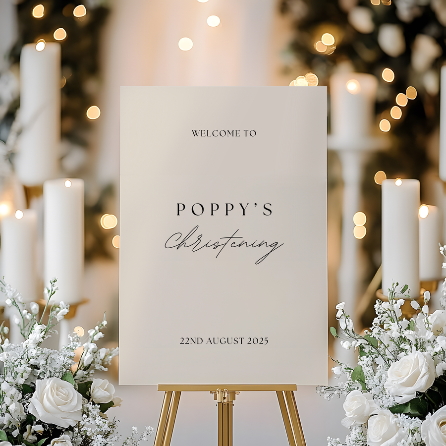 Personalised Christening Welcome Sign – A beautifully designed welcome sign featuring the baby’s name and event details, displayed on an easel at a christening venue.