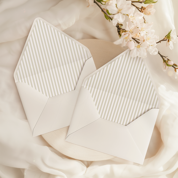 A flat lay of elegant wedding invitation envelopes, partially open to reveal beautifully designed envelope liners in various styles, including floral, modern, and classic patterns. The envelope inserts add a touch of luxury and sophistication to the stationery set.