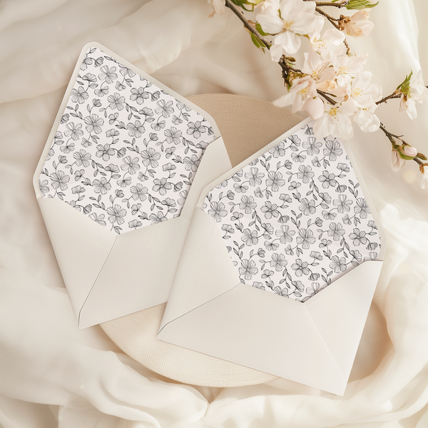 A flat lay of elegant wedding invitation envelopes, partially open to reveal beautifully designed envelope liners in various styles, including floral, modern, and classic patterns. The envelope inserts add a touch of luxury and sophistication to the stationery set.
