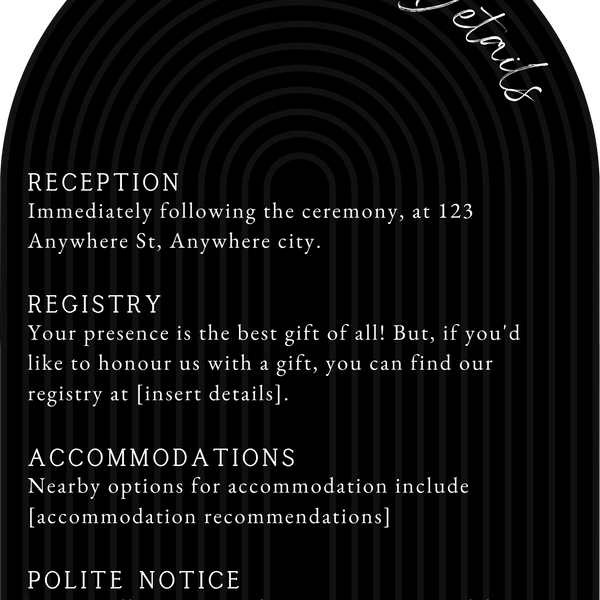 luxury arch shaped wedding invitations in chic black - fully personalised elegant wedding invitations premium