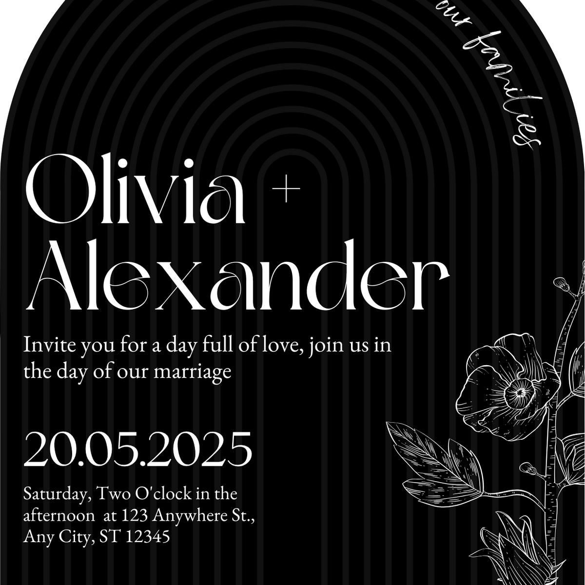 luxury arch shaped wedding invitations in chic black - fully personalised elegant wedding invitations premium