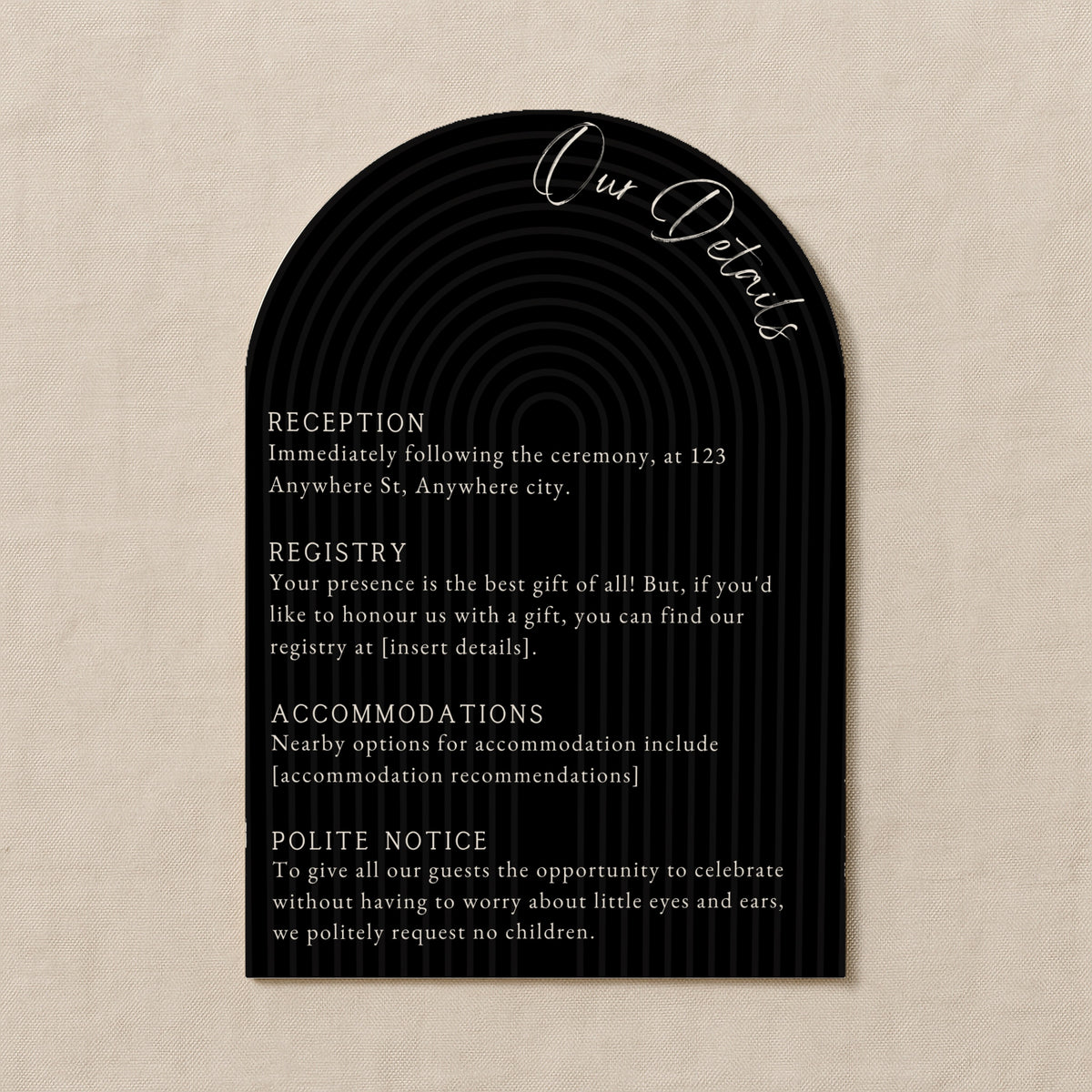 luxury arch shaped wedding invitations in chic black - fully personalised elegant wedding invitations premium