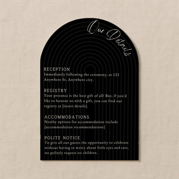 luxury arch shaped wedding invitations in chic black - fully personalised elegant wedding invitations premium
