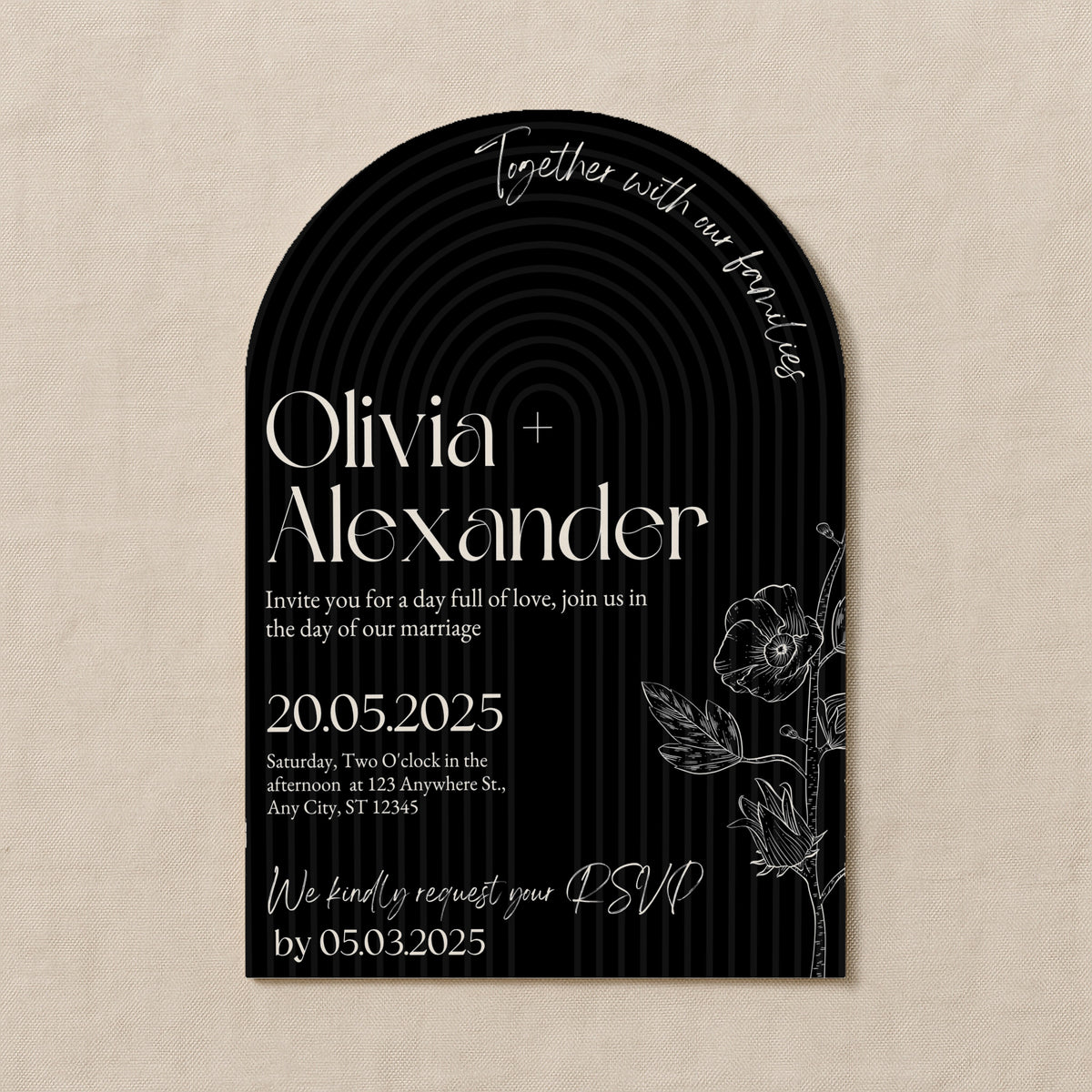 luxury arch shaped wedding invitations in chic black - fully personalised elegant wedding invitations premium