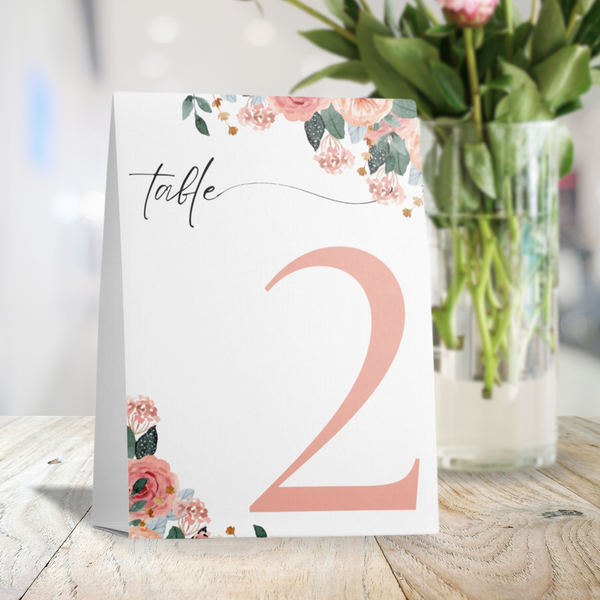 peach pink floral table tent number for wedding tables - luxury wedding table numbers personalised