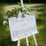 Blue floral wedding order of the day sign - white crisp background, sophisticated black text, with elegant blue florals adorned on the top and bottom edge. The perfect customised wedding signs.