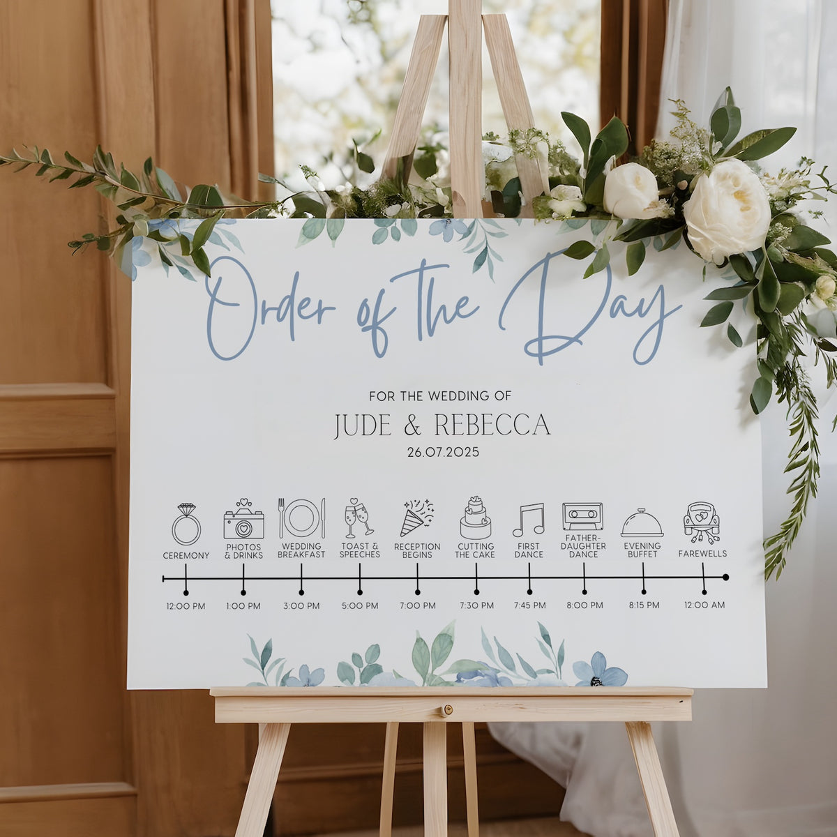 Blue floral wedding order of the day sign - white crisp background, sophisticated black text, with elegant blue florals adorned on the top and bottom edge. The perfect customised wedding signs.
