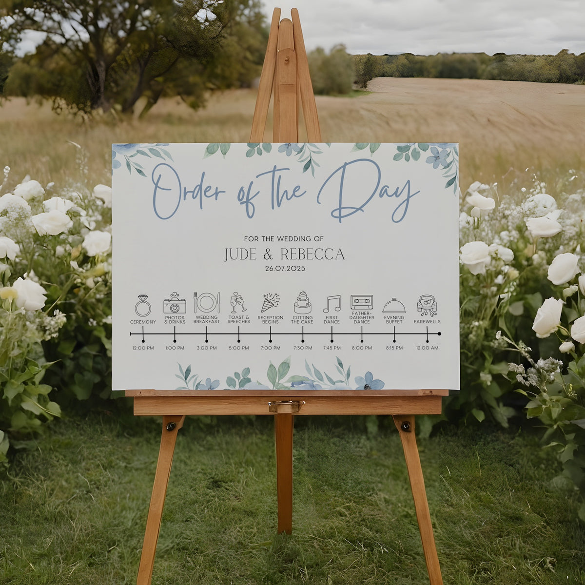 Blue floral wedding order of the day sign - white crisp background, sophisticated black text, with elegant blue florals adorned on the top and bottom edge. The perfect customised wedding signs.