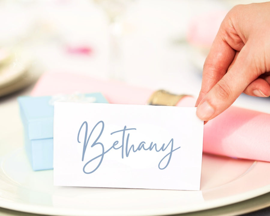 blue floral wedding place cards - personalised wedding name cards