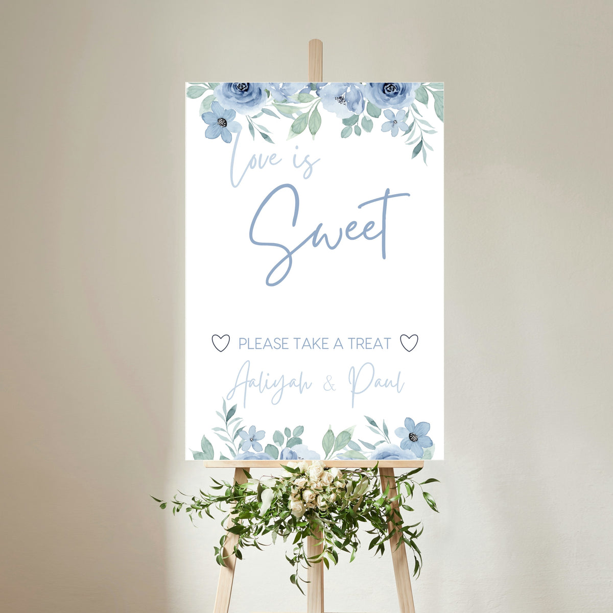 blue floral wedding sweet table sign - personalised love is sweet sign