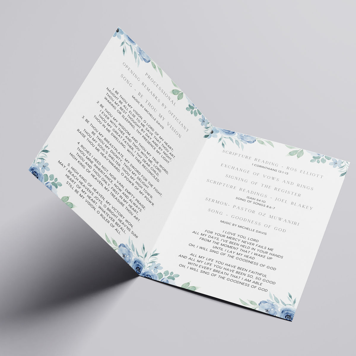 Custom Wedding Order of Service Booklet – printed personalised ceremony details, including hymns and readings, with delicate design accents.