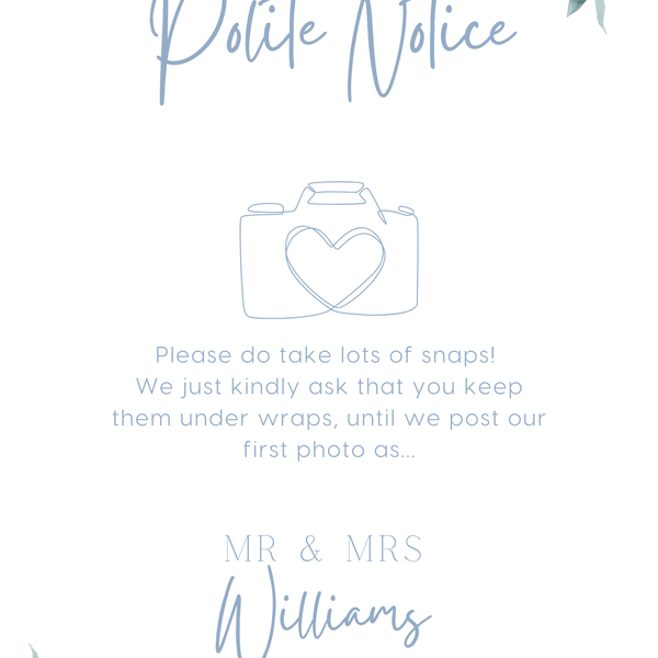 dusty blue floral polite notice wedding sign - Polite notice card for wedding display - luxury wedding signage