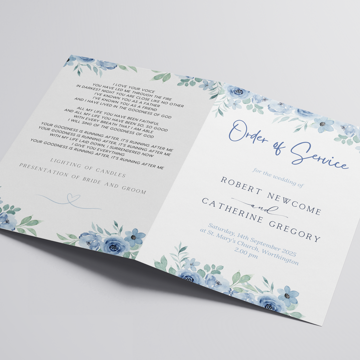 Custom Wedding Order of Service Booklet – printed personalised ceremony details, including hymns and readings, with delicate design accents.