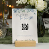 blue floral photo sharing qr code sign for wedding tables - luxury wedding table signage for guests to share photos