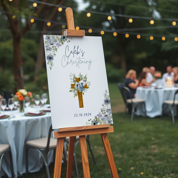 Personalised Christening Welcome Sign – A beautifully designed welcome sign featuring the baby’s name and event details, displayed on an easel at a christening venue.