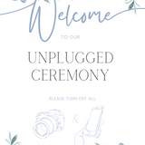 Blue floral unplugged wedding ceremony sign - an elegant wedding unplugged ceremony sign, adorned with charming blue florals, to perfectly accompany a blue themed wedding.