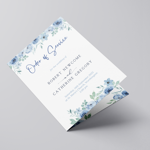 Custom Wedding Order of Service Booklet – printed personalised ceremony details, including hymns and readings, with delicate design accents.