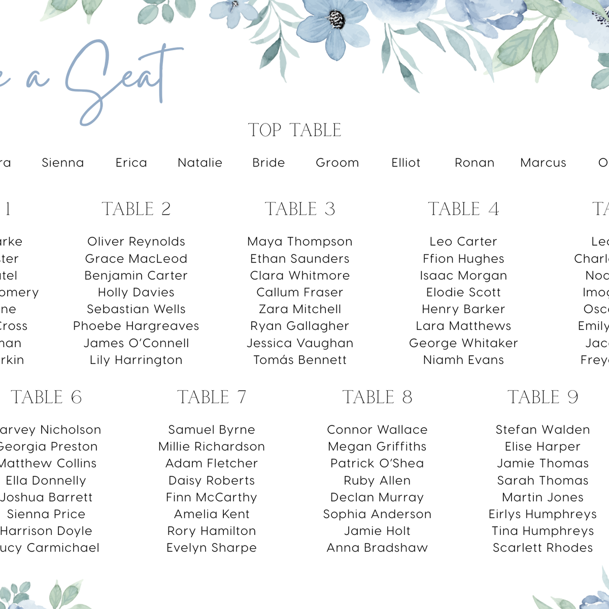Blue floral wedding seating plan sign - personalised seating chart sign for wedding