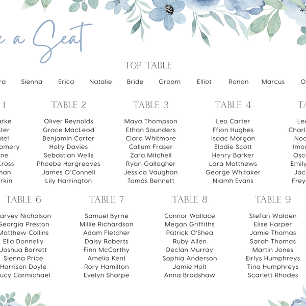 Blue floral wedding seating plan sign - personalised seating chart sign for wedding
