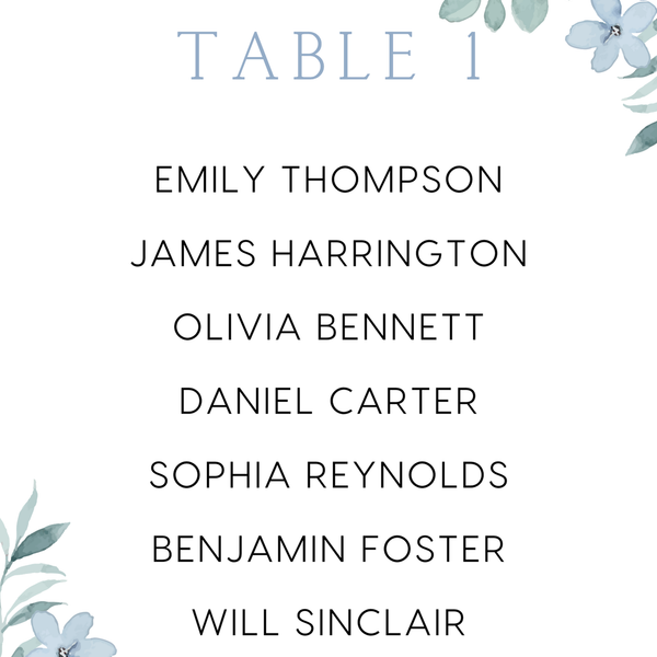 Custom Wedding Seating Plan Cards A5 or A6 – Elegant A5 or A6 wedding seating plan cards printed on 350gsm cardstock, featuring table numbers and guest names.